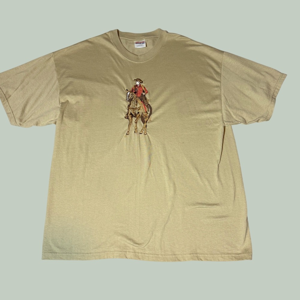 Vintage Hanes Heavyweight Cowboy Embroidered T-Shirt Tan XL Western Horseback